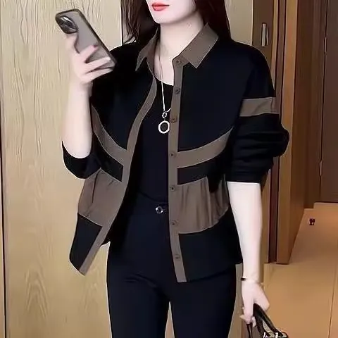 跨境春秋季新款宽松显瘦撞色女薄外套上衣polo领拼接时尚减龄夹克