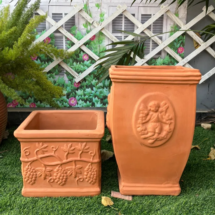 欧式复古创意粗陶四方花盆适合阳台花园种植花卉绿植奖杯高脚杯陶