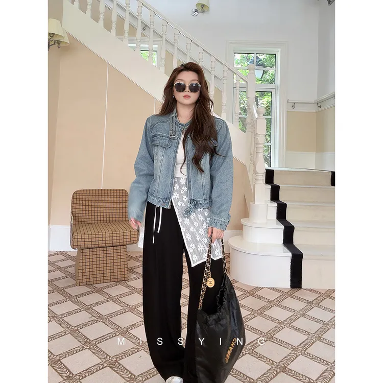 应小姐【巴黎街头】微胖大码秋款显瘦时尚设计感小众休闲牛仔外套