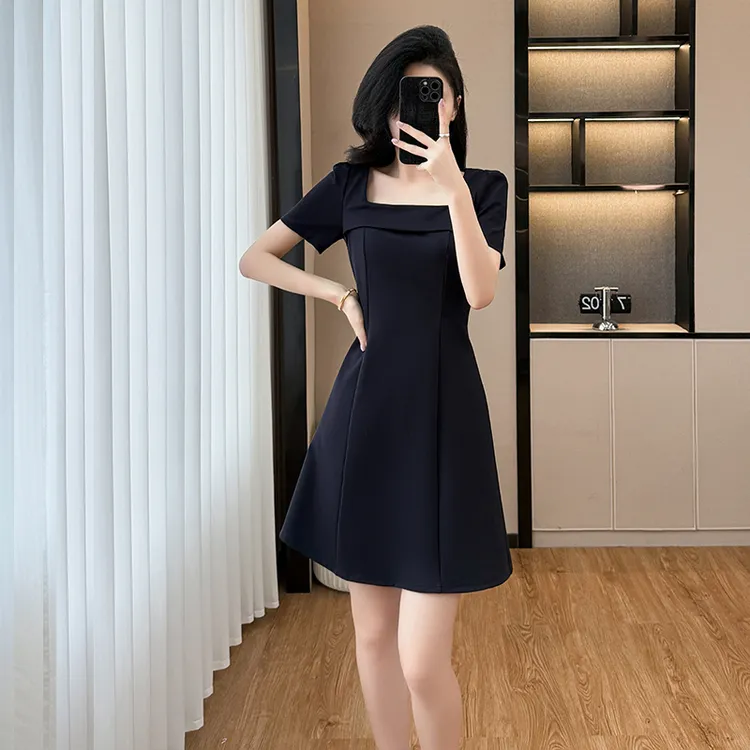 高档夏季裙子收腰显瘦藏青色连衣裙高级感名媛轻奢小众高级感女装