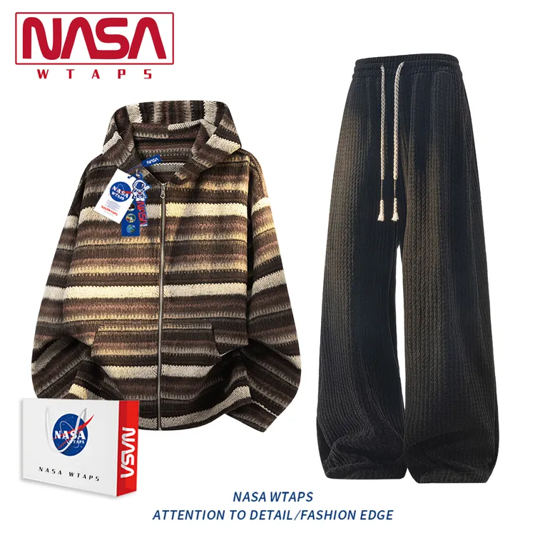 NASA WTAPS日系慵懒条纹休闲运动套装男秋季潮牌宽松开衫卫衣外套
