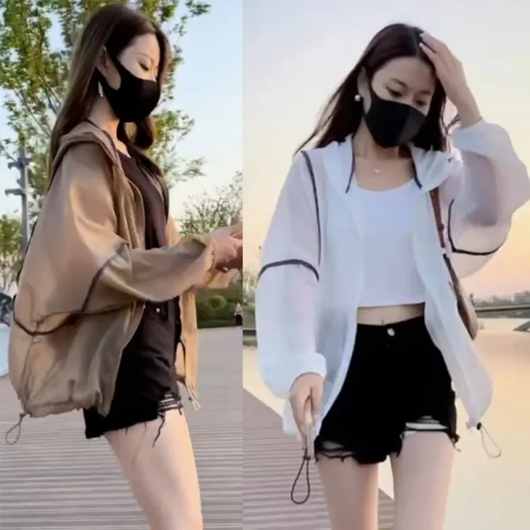 夏季新款速干拼接防晒衣女宽松连帽外套时尚轻薄透气撞色防晒服女