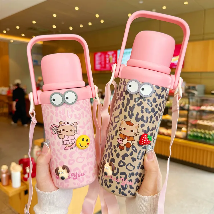 网红豹纹双饮保温杯高颜值女大容量学生便携潮流吸管水杯可爱杯子