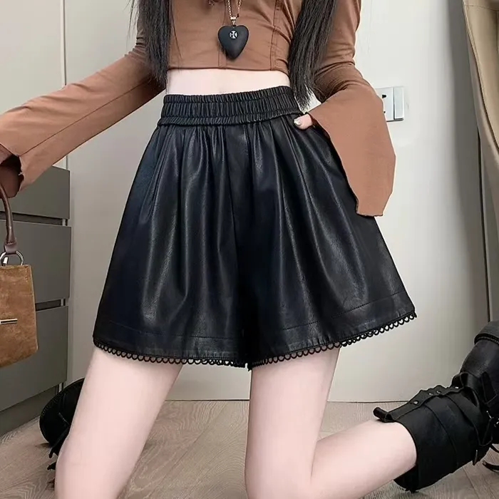 pu皮裤阔腿短裤女秋冬外穿松紧高腰显瘦蕾丝花边休闲百搭a字靴裤商品图