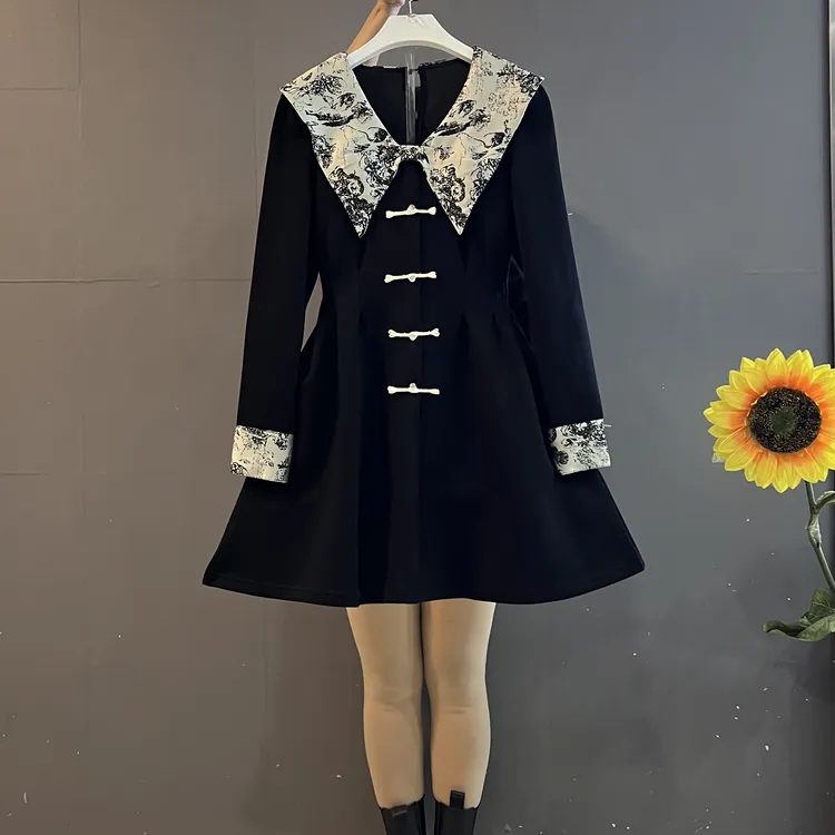 复古新中式蝴蝶结娃娃领国风盘扣收腰显瘦中长款小黑裙