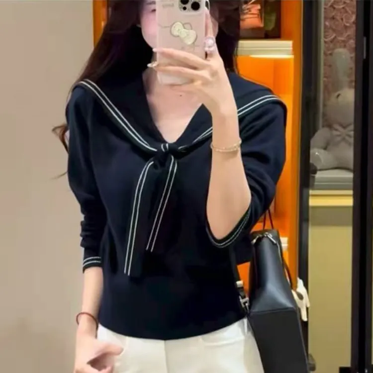 学院风海军领长袖针织衫早秋穿搭披肩拼接假两件撞色上衣女装