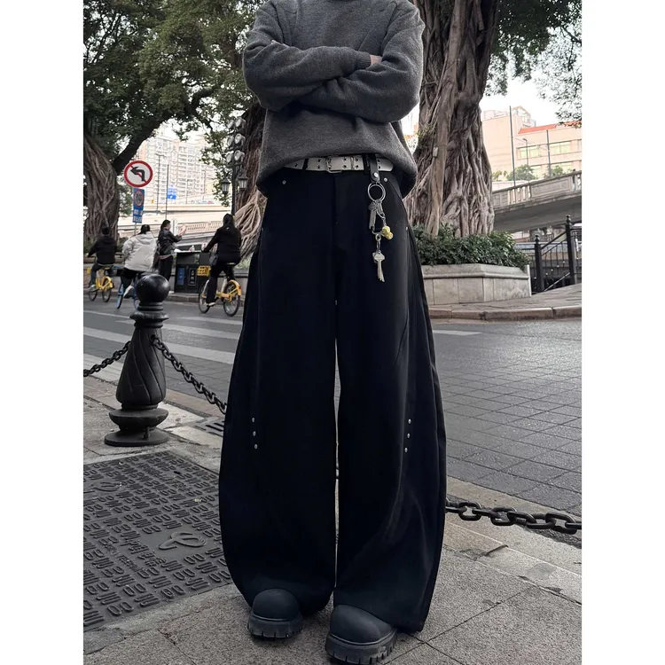 行星世界 高级设计感弯刀西裤拼接铆钉休闲裤男女垂坠感拖地裤子