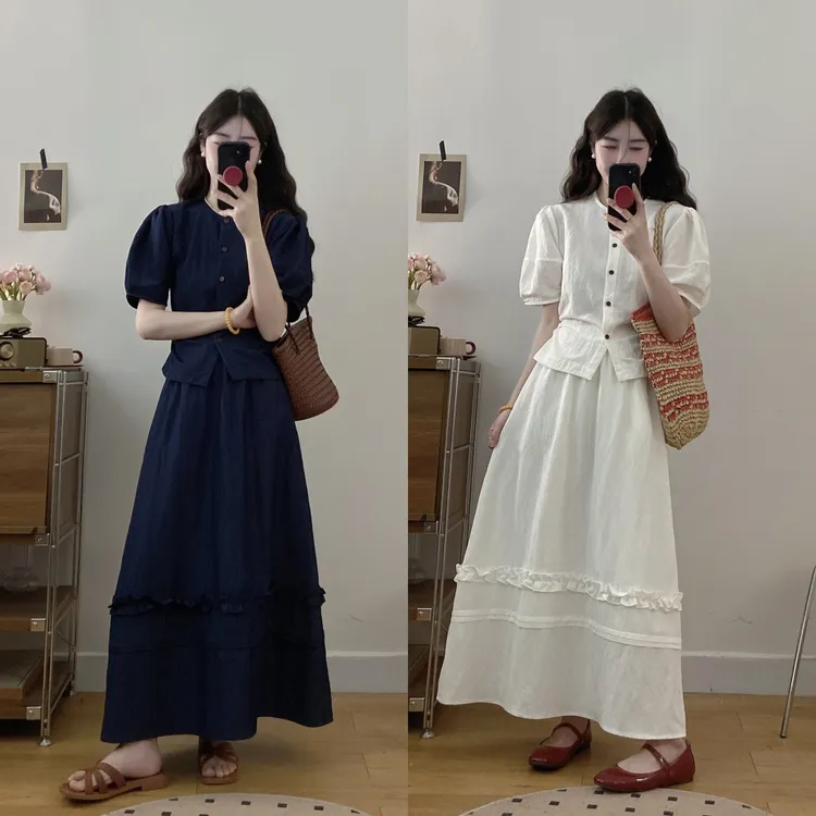 大码女装夏季新款时尚显瘦泡泡袖衬衫高腰花边拼接半身裙两件套女