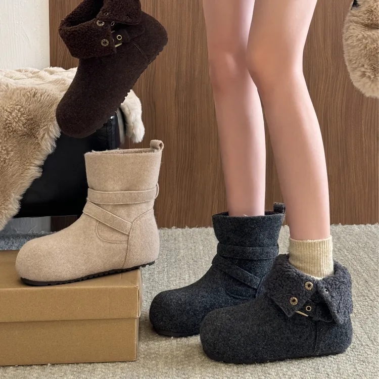 贾不假灰色雪地靴女冬季2025新款爆款加绒两穿厚底毛毛棉鞋小个子