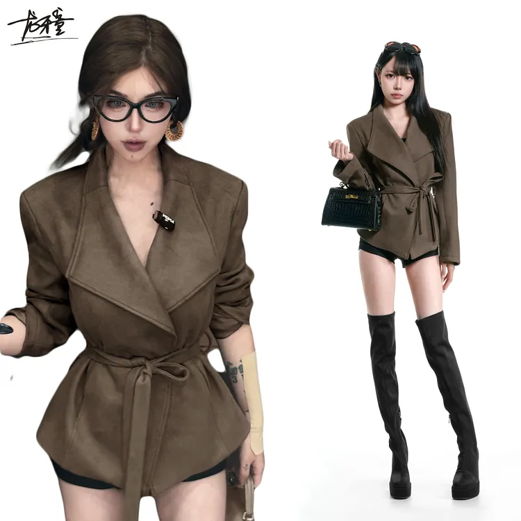 龙牙童推荐【麂皮格调】秋冬复古港式古早外套气质收腰风衣百搭翻领