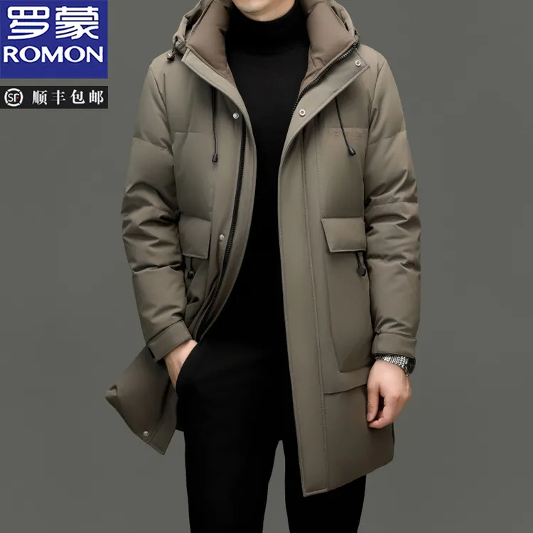 罗蒙牛奶丝羽绒服90白鸭绒男士中长款冬季新款加厚保暖休闲外套