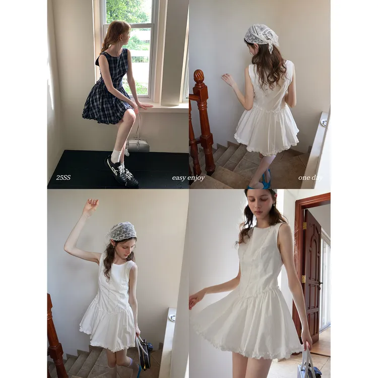 EGGKA 时尚圆领格子花苞连衣裙 E25D1652AF