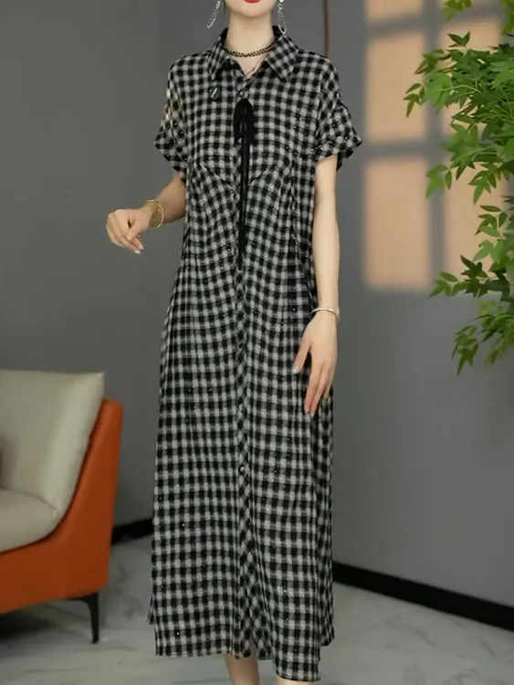 端庄优雅格纹短袖通勤连衣裙女2025夏季新款洋气显瘦POLO领A字裙