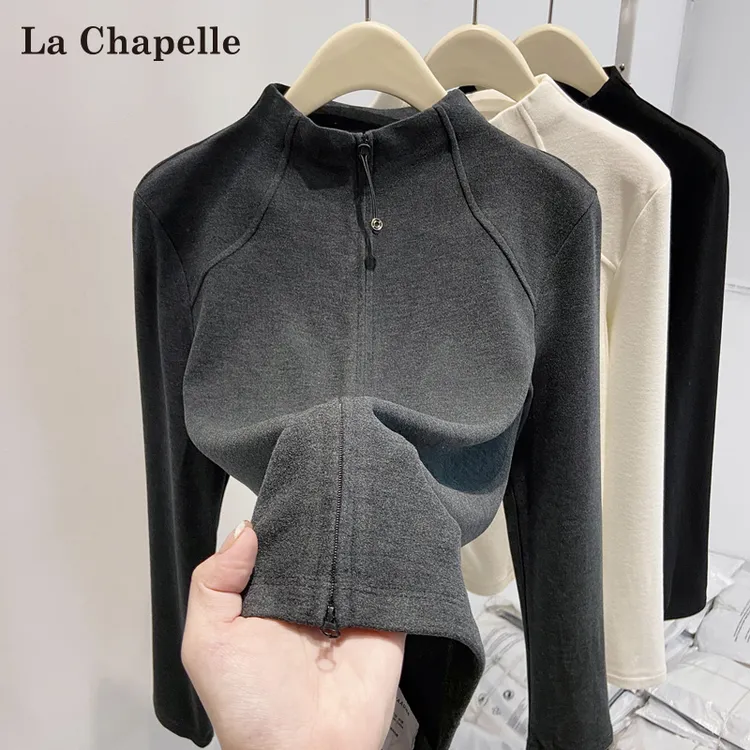 拉夏贝尔半高领德绒卫衣打底衫女秋冬新款双拉链修身开衫长袖上衣