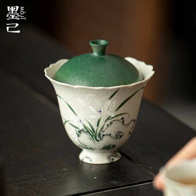 墨己火石红仿古手绘兰花陶瓷盖碗功夫茶具高足花口家用泡茶碗盖碗