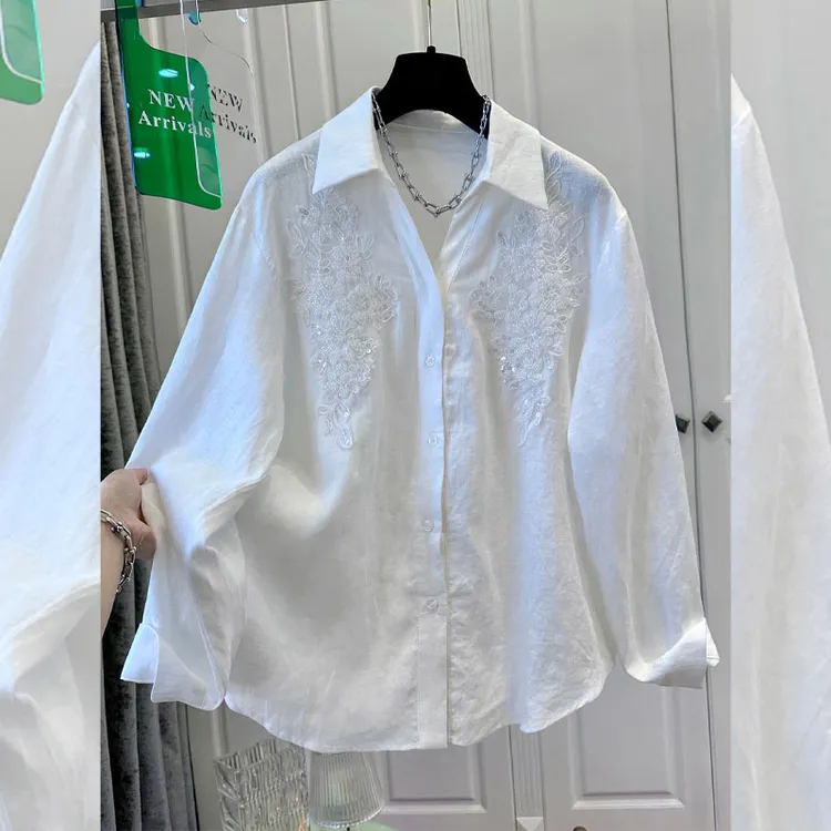 法式洋气钉珠翻领衬衫女减龄衬衣宽松拼接设计感别致小众上衣百搭