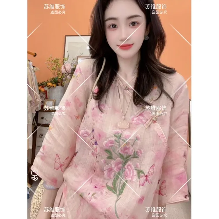 【桃花灼灼】8189新中式苎麻刺绣衬衫民族风宽松上衣禅意气质茶服