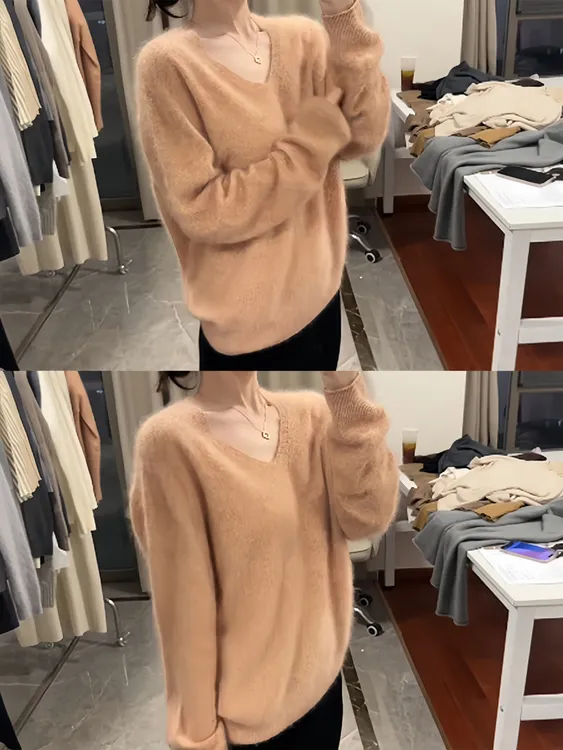 韩系软糯套头v领毛衣女2025秋冬新款设计感宽松氛围感针织衫上衣