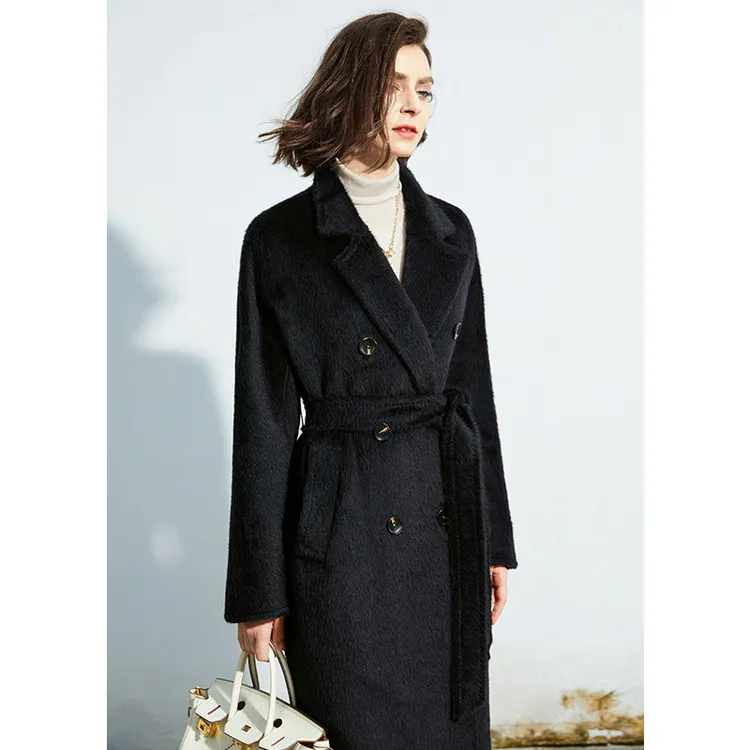 重磅40苏力羊驼毛60羊毛呢大衣女秋冬加厚长款欧美风气质黑色外套