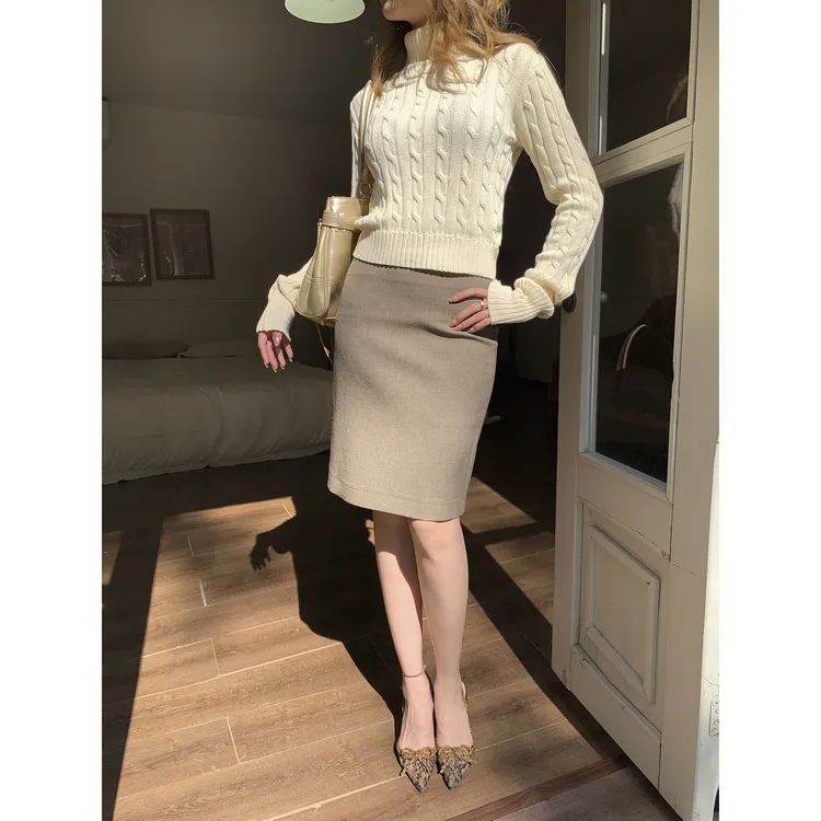 Lekii 复古气质显瘦中腰遮肉半裙女包臀直筒半身裙KXY10281