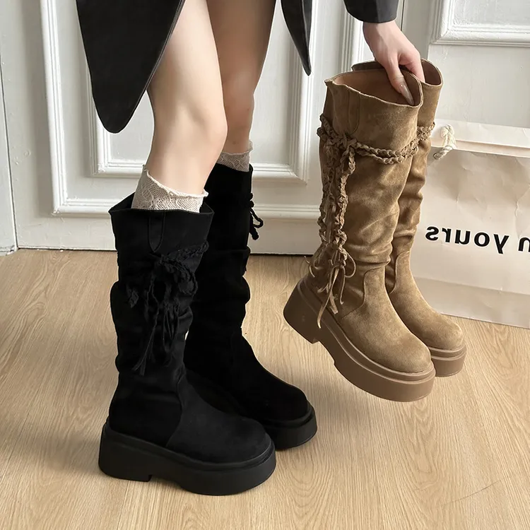 2025秋冬新款复古废土风流苏骑士靴厚底松糕不过膝长筒靴堆堆靴女