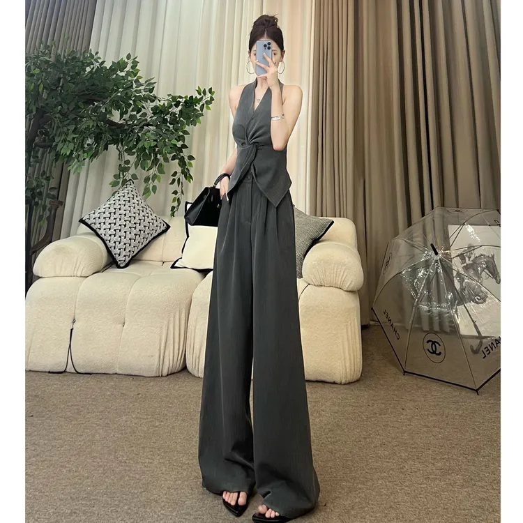 XIAOQIN【巴黎之夜】夏季法式无袖扭结收腰高腰阔腿长裤套装T082