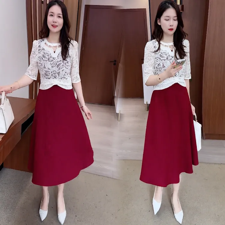 时尚套装裙女2025秋季新款洋气显瘦长袖镂空蕾丝衫连衣裙两件套潮