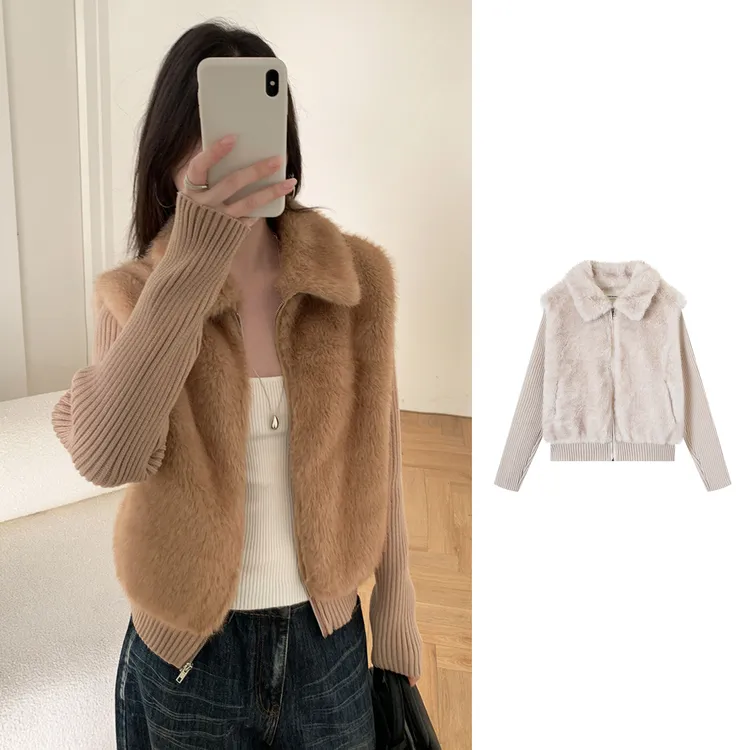 Manman Y4067自制小暖炉环保皮草毛毛外套女气质针织拼接上衣
