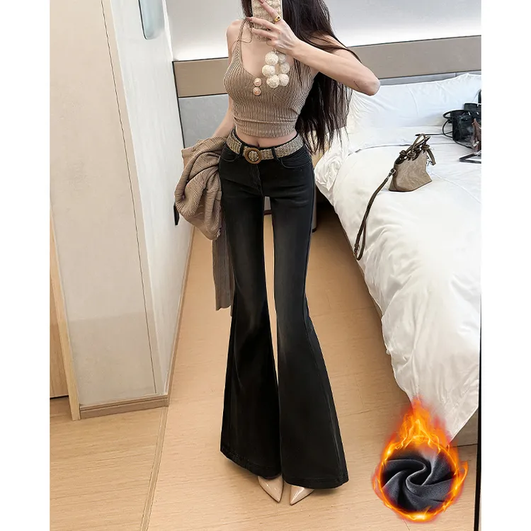 微喇高腰喇叭牛仔裤女2025冬季加绒新款修身显瘦百搭小个子
