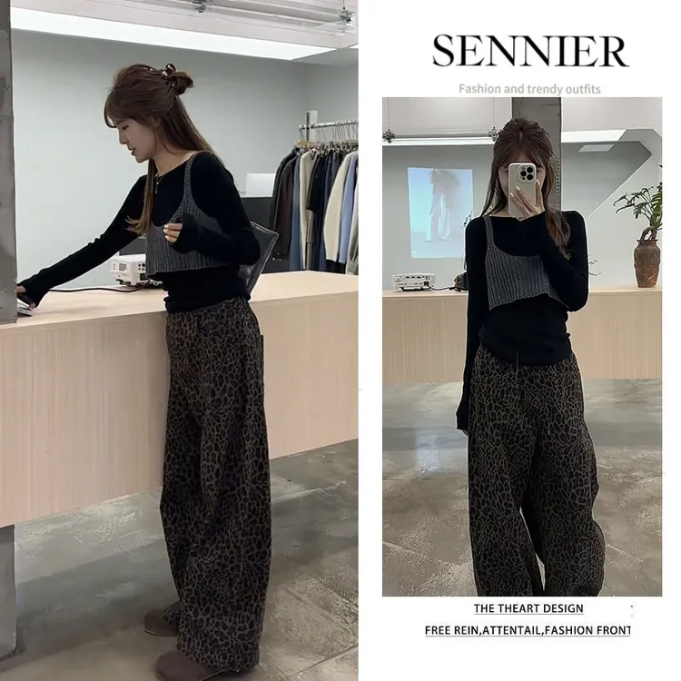 秋季穿搭女2025新款韩版洋气修身长袖叠穿背心豹纹阔腿裤三件套装