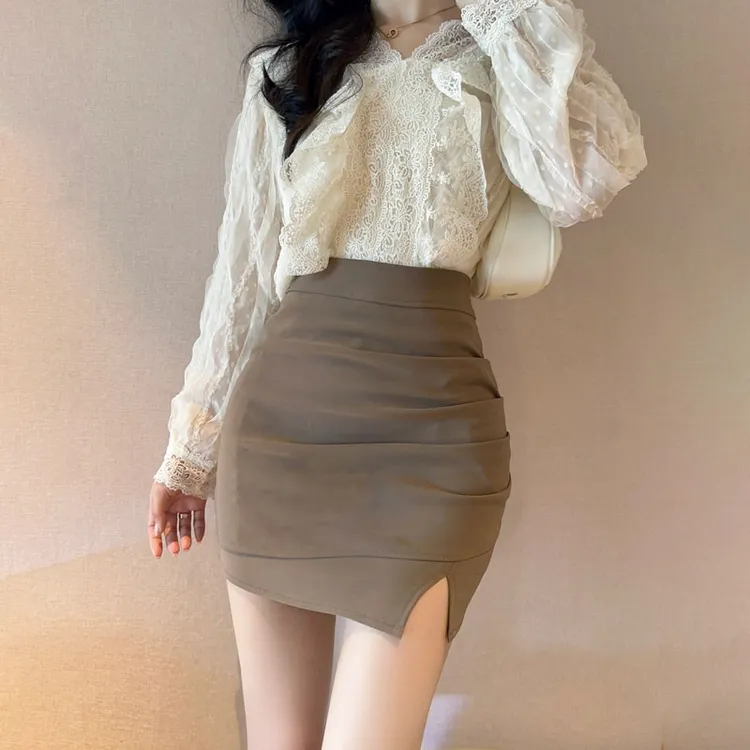 卡其色包臀裙女夏季新款高腰职业半身裙性感褶皱包裙显瘦半身裙