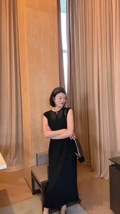 TANTAN  醋酸 气质时尚领口网纱飞飞袖连衣裙1853