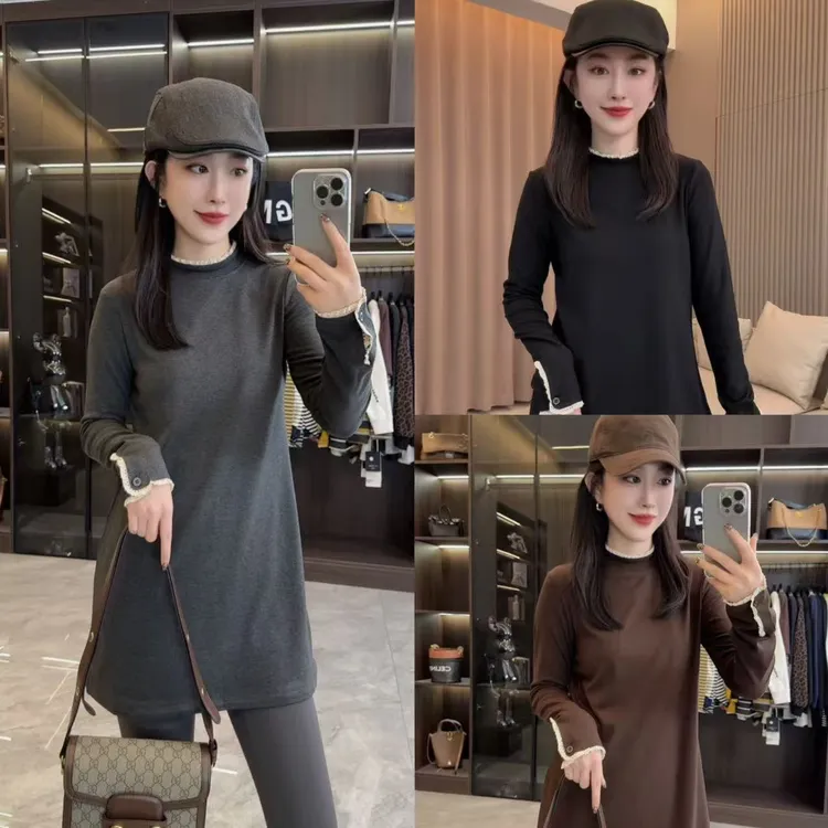 冬季温柔风蕾丝拼接半高领加绒修身大衫T恤（磨毛）洋气上衣