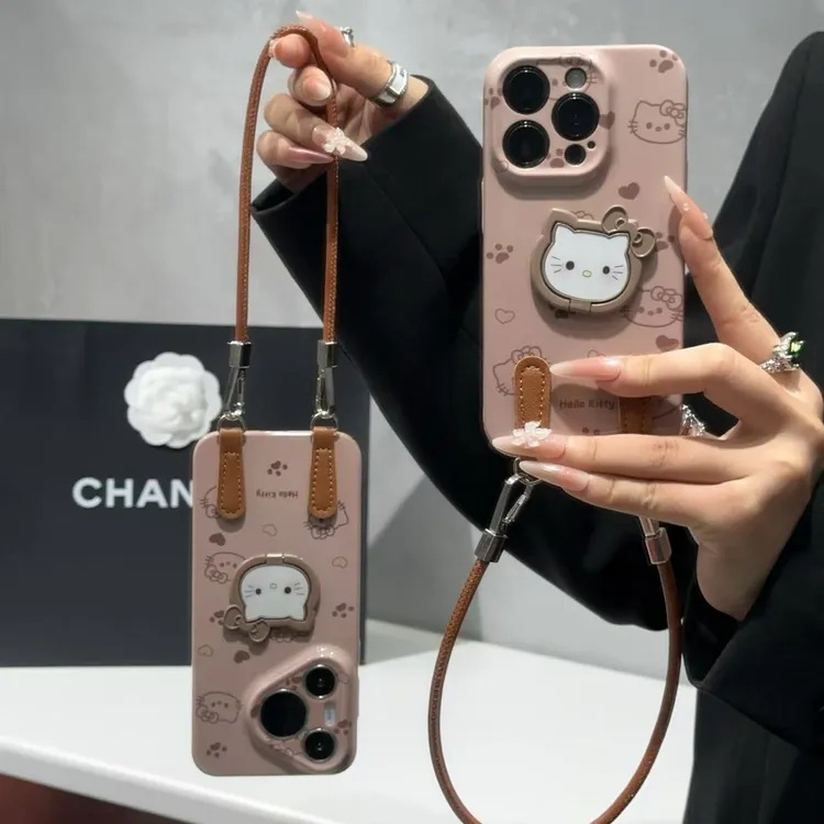 奥菲顿棕爱心KT支架挂绳适用苹果17/16菲林手机壳华为vivoppo小米