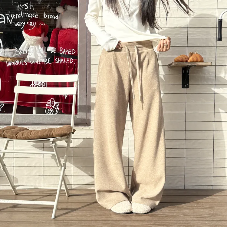 CHEN冬季桑蚕丝+羊绒 慵懒休闲加厚阔腿卫裤垂顺磨毛显瘦弯刀长裤