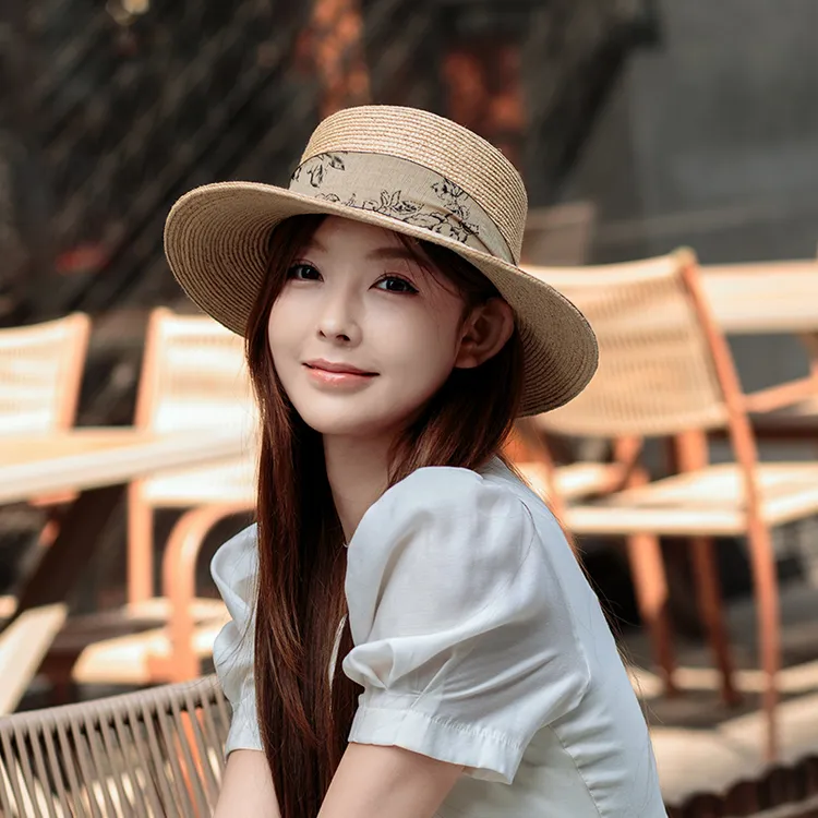 草帽夏时尚韩版法式女士海边度假拉菲草新款大帽檐平顶防晒遮阳帽