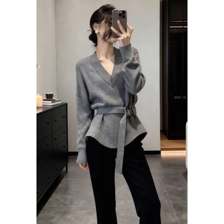 欧货高端灰色设计感系带针织衫2025秋冬显瘦休闲百搭长袖上衣毛衣