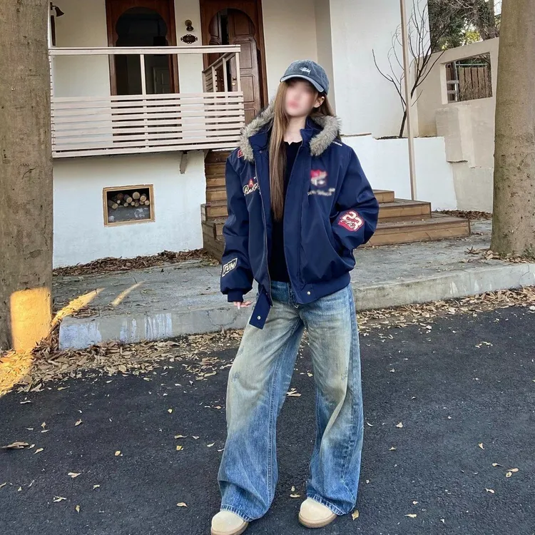 美式复古刺绣徽章大毛领连帽男女同款秋冬上新加厚百搭棉服外套