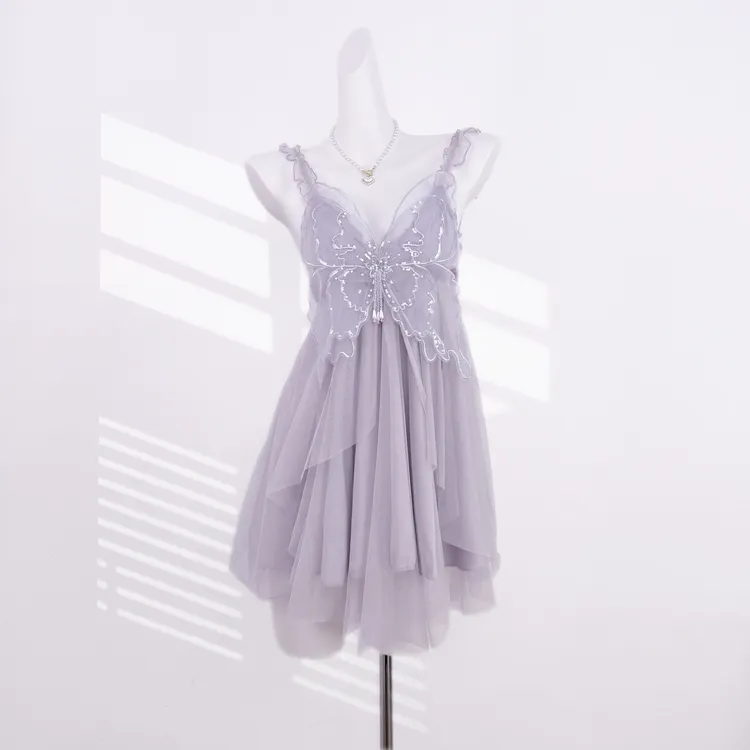 法式性感带胸垫睡衣高级感纯欲风网纱蝴蝶吊带睡裙女夏季冰丝睡衣