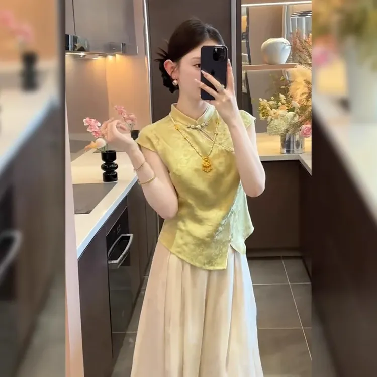 2025夏季新款女士新中式立领盘扣老钱风小衫上衣阔腿裤子两件套潮