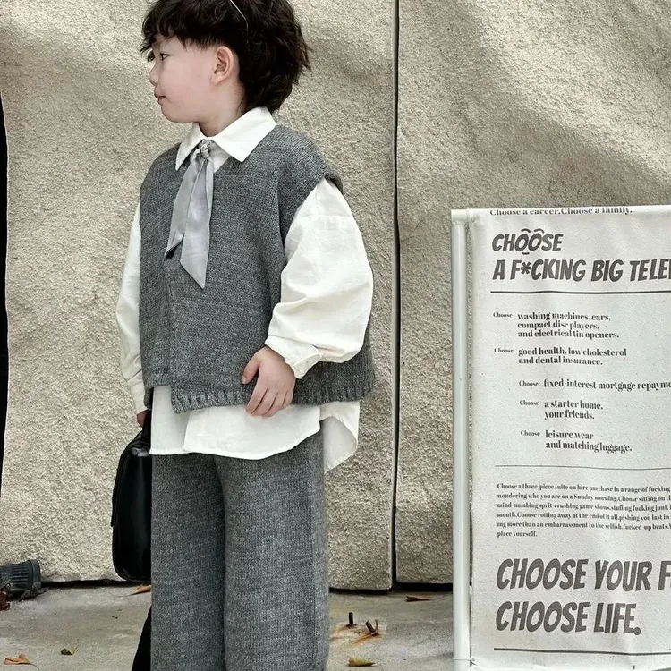 男童衬衫套装2024秋季新款韩版三件套洋气宝宝马甲百搭裤子衬衣潮