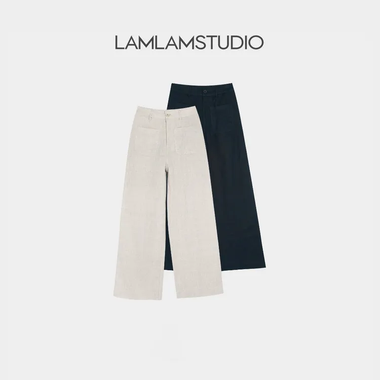 “双口袋”【100%法国雨露麻】亚麻纯色高腰直筒休闲裤 张一琳 G199K