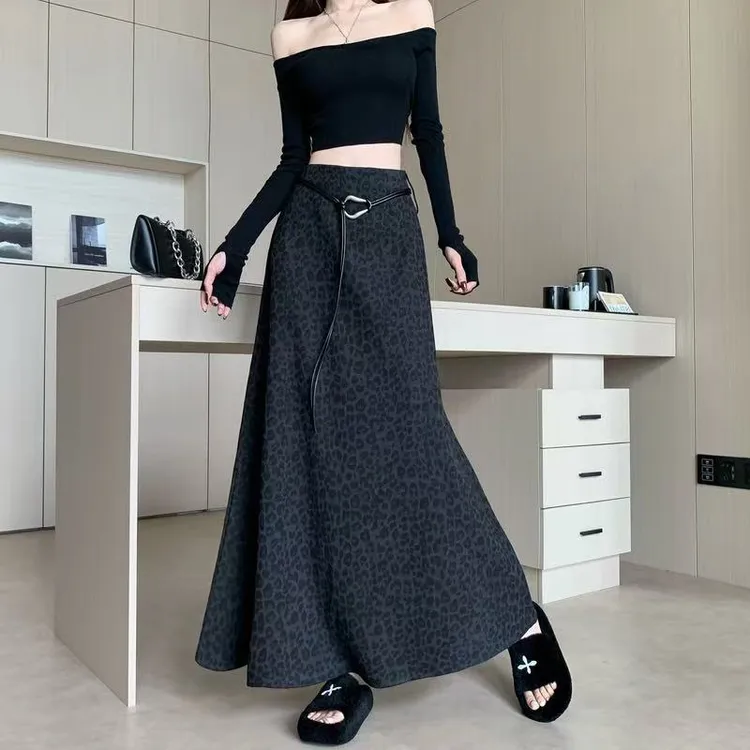 美式复古辣妹高腰显瘦豹纹长裙女秋季新款韩版宽松遮胯包臀鱼尾裙