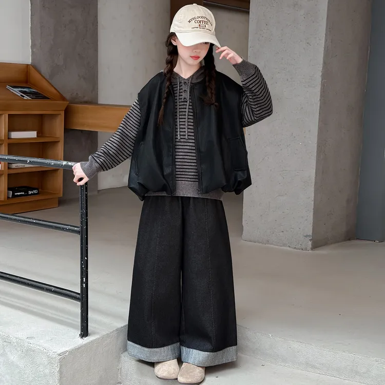女童秋季新款马甲条纹帽衫翻边牛仔裤三件套中大童休闲慵懒风
