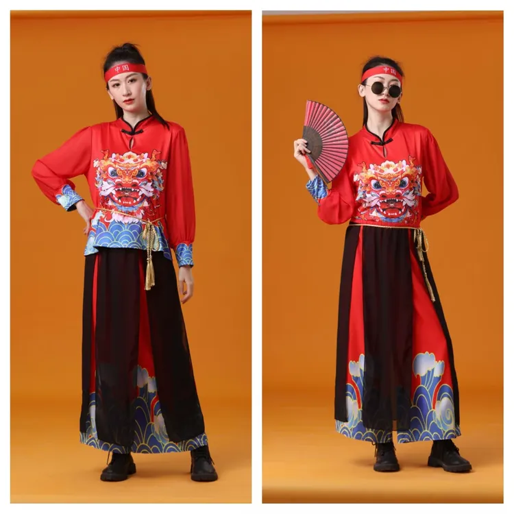 国潮打鼓服舞蹈演出服中国风表演服广场舞秧歌队服民族风大码套装