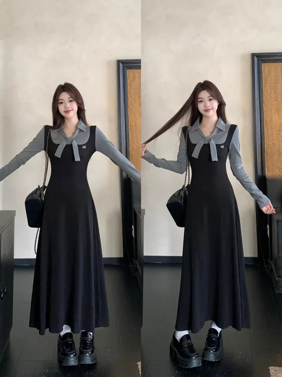 大码法式复古拼接连衣裙秋冬新款假两件收腰显瘦打底内搭长裙