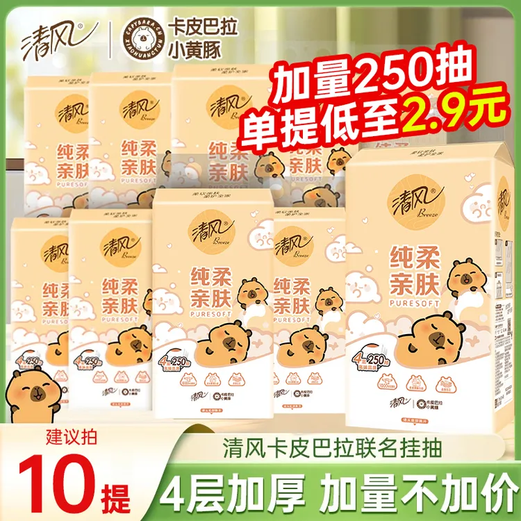 清风挂抽10提整箱卡皮巴拉挂抽悬挂式抽纸250抽/提加厚家用纸巾