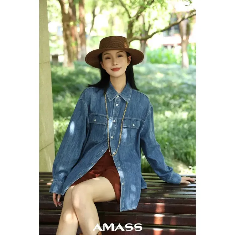 阿玛施AMASS 2025新款简约百搭质感时尚宽简约女阿玛施牛仔衬衫