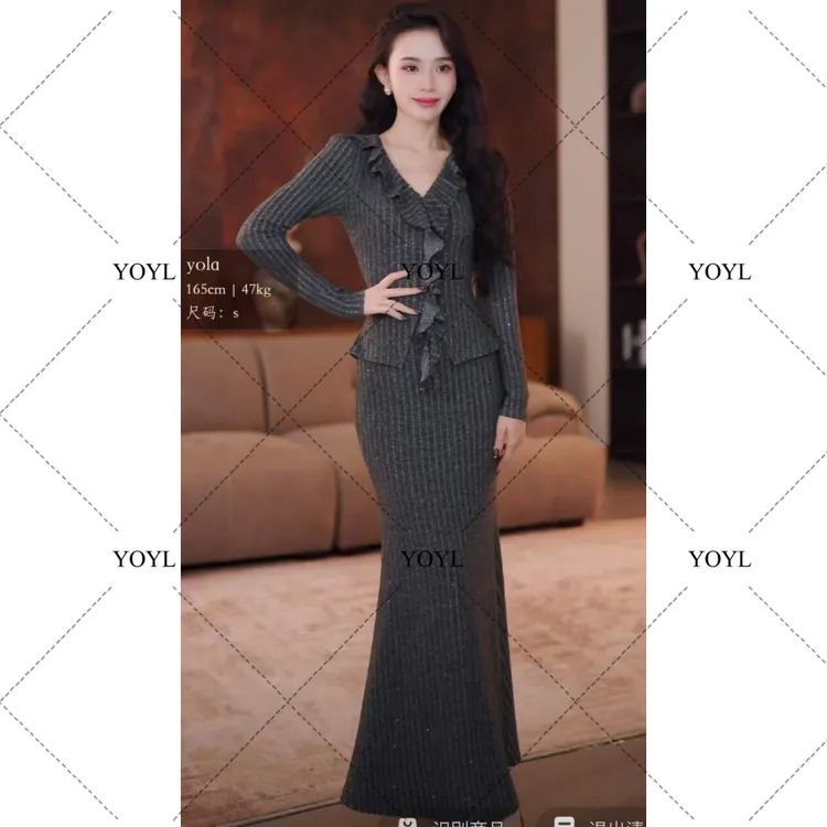 【yola】约定秋冬新款高级法式气质显瘦假两件鱼尾连衣裙-YL12050