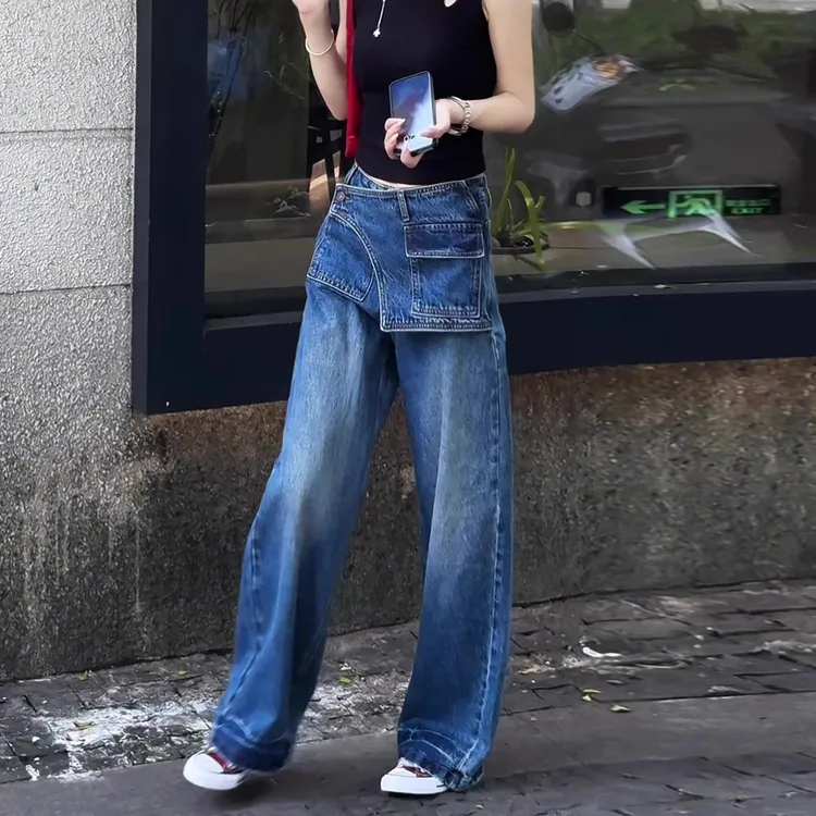 蓝色不规则设计阔腿牛仔裤女2025早秋新款高腰显瘦直筒休闲拖地裤